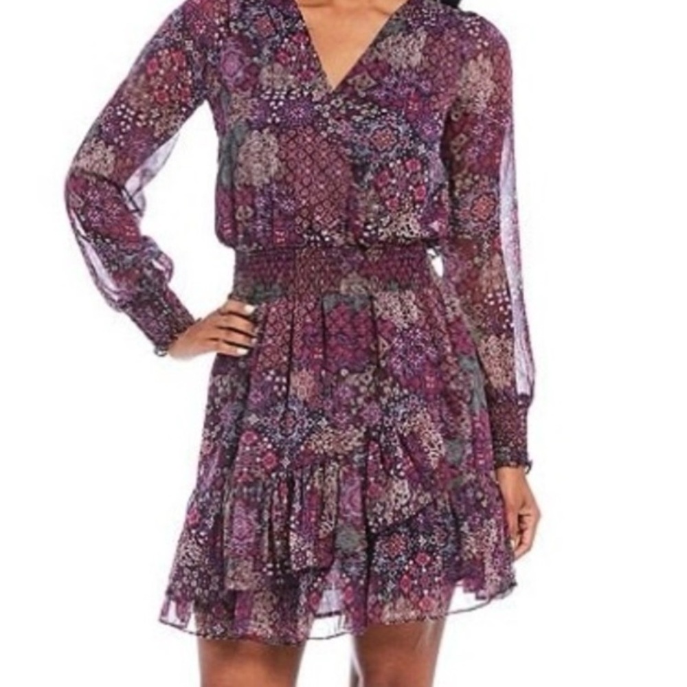 Michael Kors‎ Patchwork Georgette Ruffled Wrap Dress M